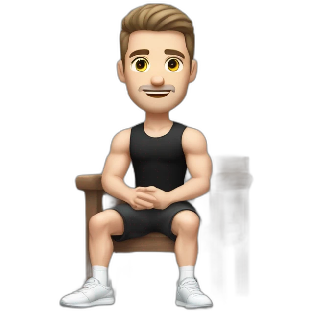 Pale skinned Fit Man With the biceps and dark brown hair in black shirt, gray sports shorts and white Sneakers Sitting on a chair emoji