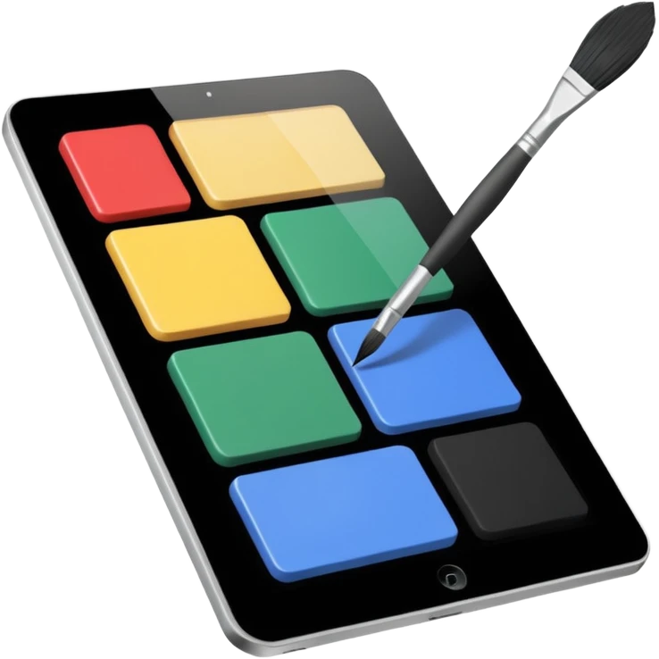 A simple graphic for digital art. A tablet dissolving into pixels with a paint brush or a pallet overlaid. No gradients. Just black on white. emoji