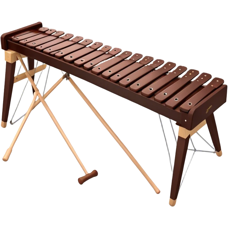 Create a detailed and professional emoji representing a Fleet FLT-SX37 orchestral long wooden xylophone. The design should showcase the large, wooden bars of the xylophone arranged in a traditional layout, with a polished, smooth finish. The bars should be dark brown or mahogany, with soft metallic reflections on the resonators underneath. Include two mallets with rubber or wooden heads resting on the bars, emphasizing their role in striking the notes. The xylophone should have a sophisticated and professional appearance, with clean lines and a polished look. Add subtle musical notes or sound waves to represent the vibrant sound produced by the instrument. The background should be transparent. emoji