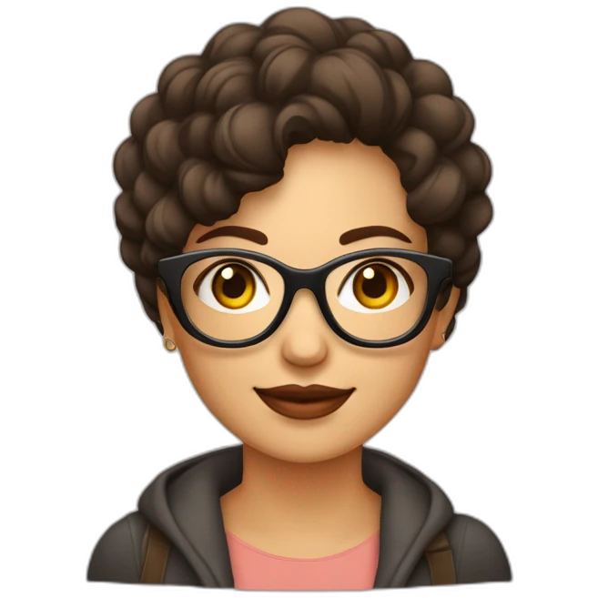 Mujer con cabello ondulado, morena, con lentes cuadrados color café  emoji