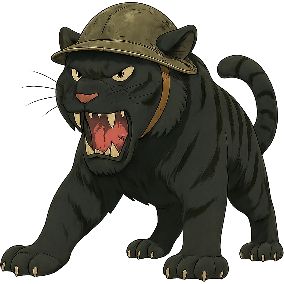 ghibli style illustration of a big black tiger, angry, wearing a helmet emoji