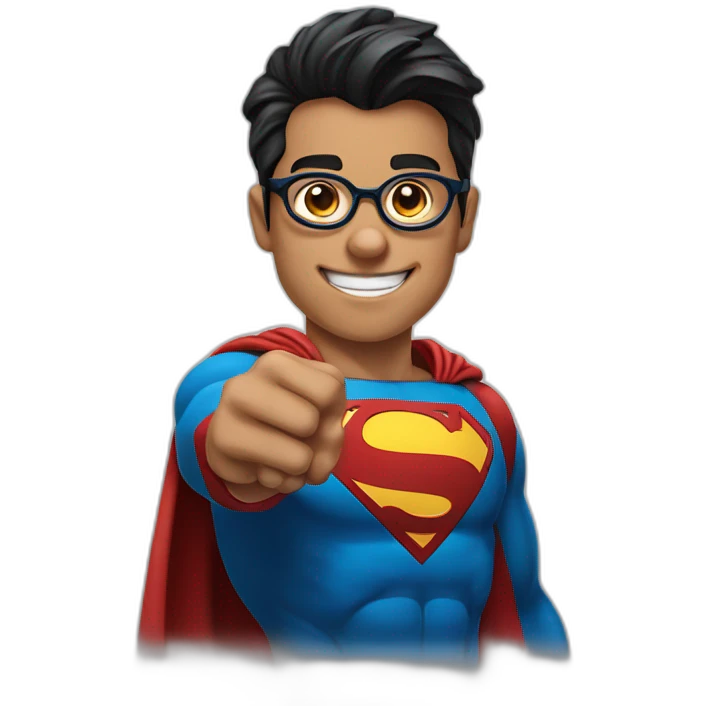 superman with eyeglasses teen smile, pointing at his eyeglasses with both thumbs emoji