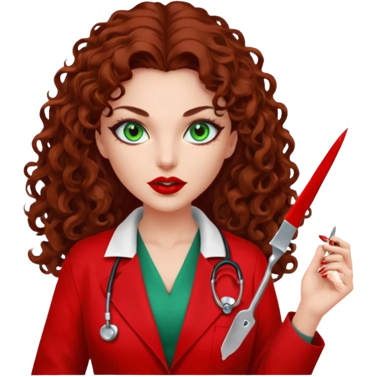Lilith symbol seductress evil woman. She has green eyes.  had brown long curly hair.  evil surgeon kills with scalpel wears red sexy doctor coat with red mouth cover emoji