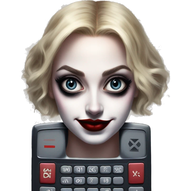 Calculator in Harley Quinn style, oil paint, mysterious eyes, intricate lips, masterpiece portrait, odd perspective, beautiful, desirable, logical emoji