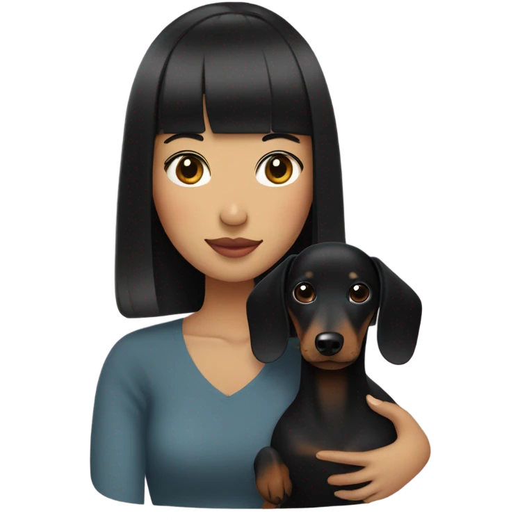 Asian woman with black neat bangs hugging black dachshund emoji