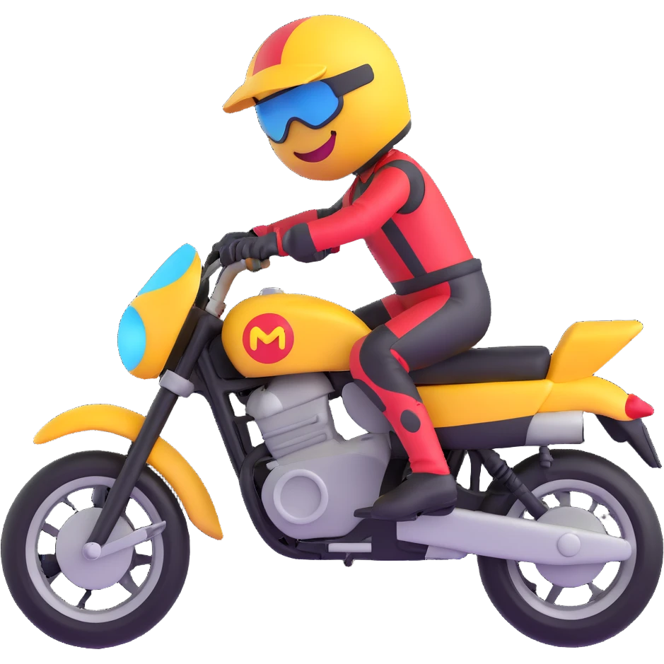 3D smiley emoji, round shape, wearing motocross helmet, with motorcycle, sporty face, transparent background (motocross) emoji