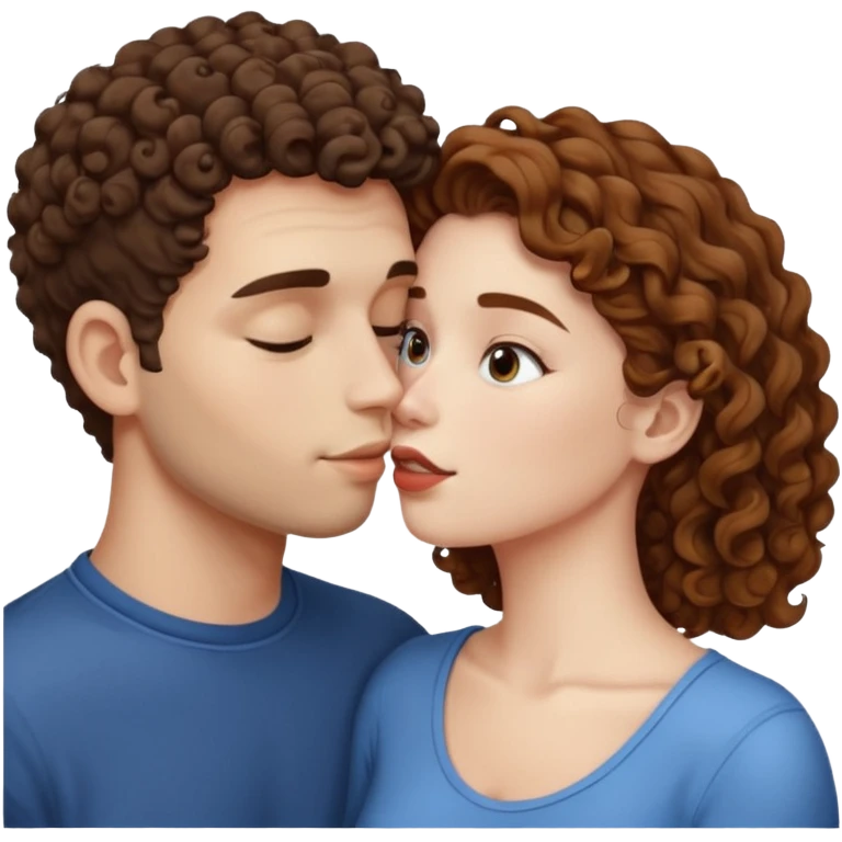 A couple kissing, the man would be white-skinned, mid fade-curly, brown-hair. The serious woman with white skin, brown color emoji