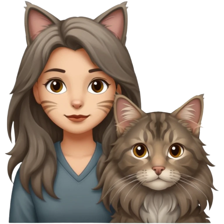 Emojis de una chica de pelo castaño largo sujetando un gatito gordo peludo mainecoon de colores gris negro y marrón  emoji