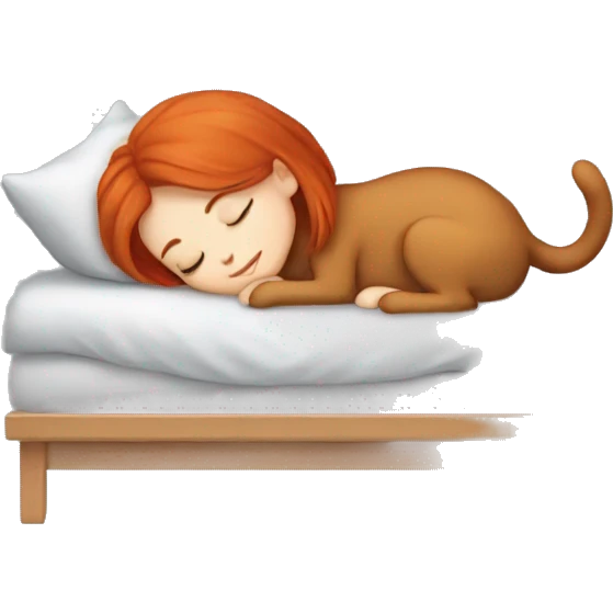 Sleeping, pretty redhead girl, next to gray cat  emoji
