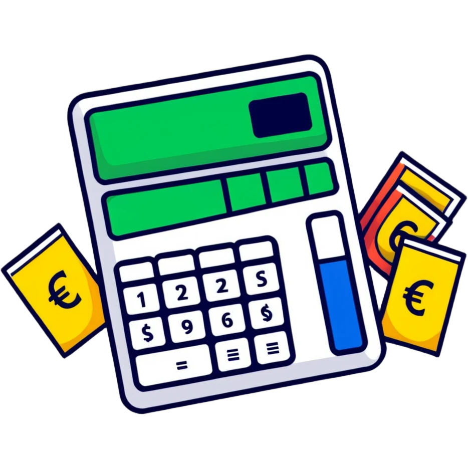 calculator with euro € price tags and trending charts emoji