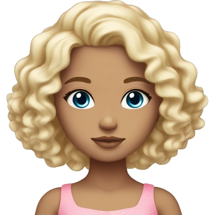 Tan skin, ocean blue doll eyes, blonde curly long hair, feminine, pink dress , girl, angelic emoji