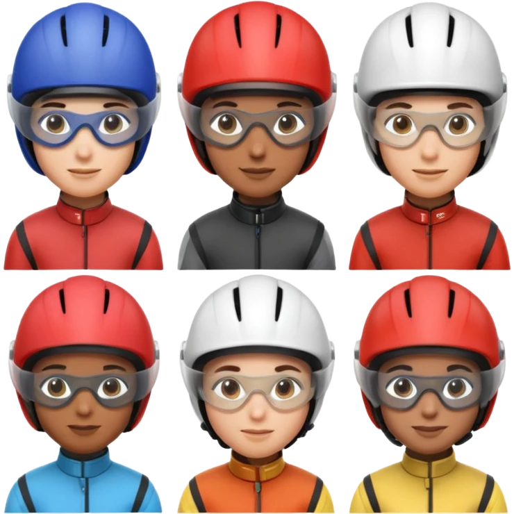 diverse horse race jockey portraits, head and shoulders only, different skin tones, different helmet colors, racing goggles, 3D cartoon, mobile game icon style, clean background, no text, no watermark
 emoji