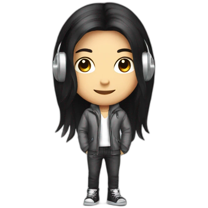 Cartoon character with long black hair, stylish outfit, silver headphones emoji