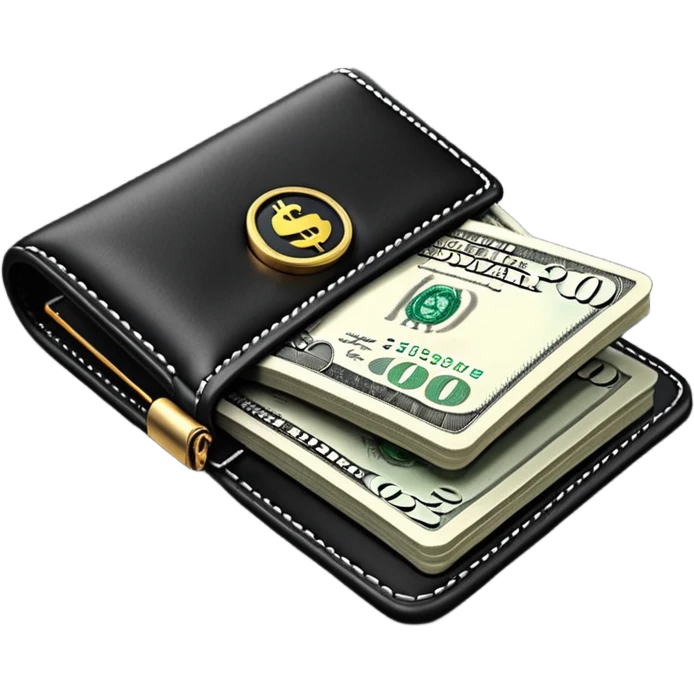 Rich emoji style black leather wallet with dollar bills, luxury money vibe, premium 3D emoji, ultra clean, high detail, no background
 emoji
