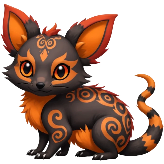 Rare warm-colored exotic cute epic aesthetic gothic colorful Salandit-Eevee-Civet-species-Fakemon-hybrid-creature, with tribal tattoo markings, full body emoji