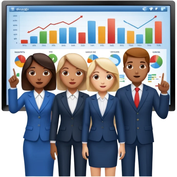 group of people pointing at a digital presentation screnn full of charts and graphs emoji
