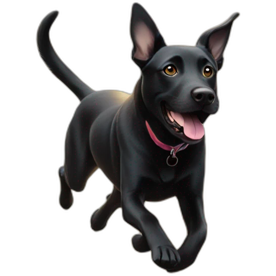 Black Labrador runs after a sun bunny emoji