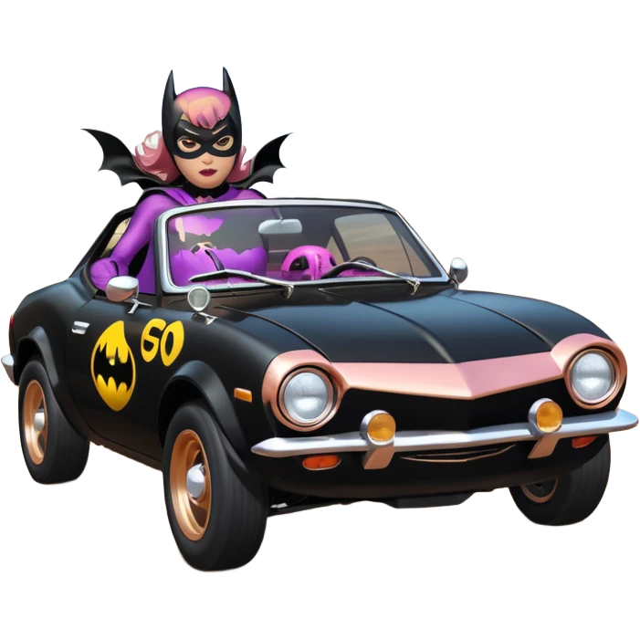 Relaxed adult 60’s Batgirl’s crime fighting themed Satin black and rose gold painted Scion FR-S pursuit vehicle hot rod off road capable  emoji