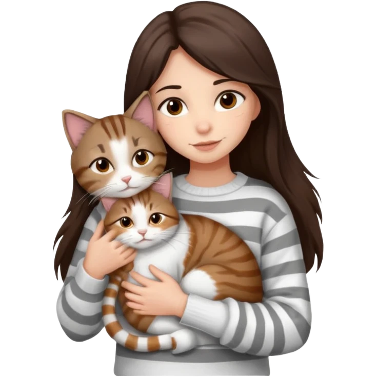 a girl with long dark brown hair, in a
white sweater and brown eyes, hugs a tabby
grey and white strips one cat. emoji