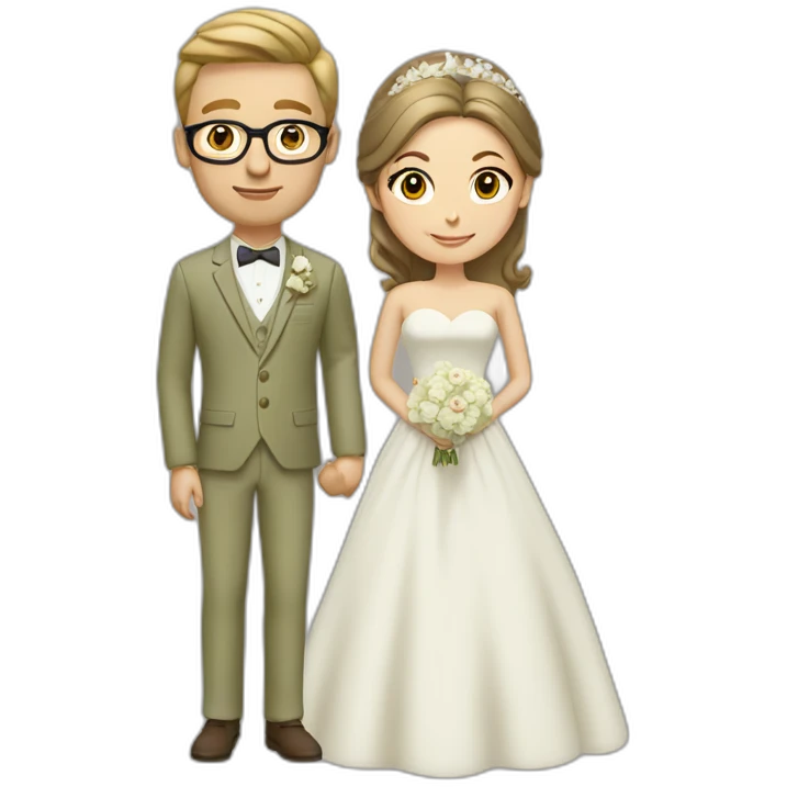 Wedding couple. She has brown Hair and a chignon. He has a light olive green suit with a brown vest. He wears glasses and is blond. emoji