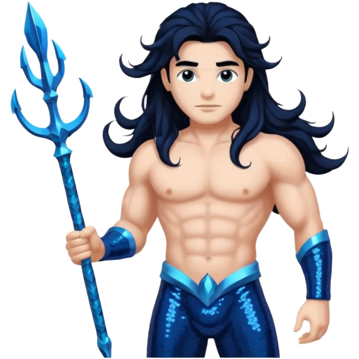 Neptune, God of Sea from Gods and Goddesses with long jet black hair, dark blue sequin outfit emoji