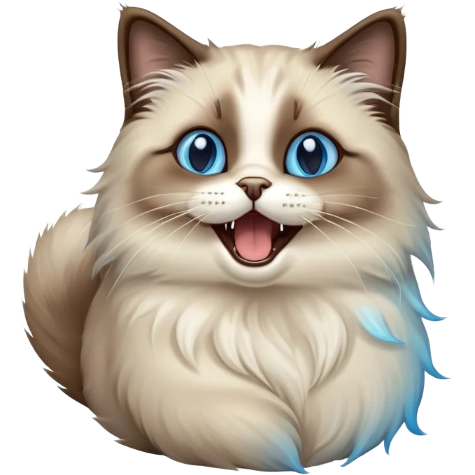 Cinematic Adorable Fluffy Brown Seal Ragdoll Cat Portrait Emoji, Head tilted cutely with big, sparkling blue eyes, soft brown seal-colored fur with darker points on the ears, face, and paws, Simplified yet irresistibly adorable features, highly detailed, glowing with a soft, warm glow, high shine, yawning in a peaceful and playful manner, stylized with a touch of whimsy, bright and endearing, soft glowing outline, capturing the essence of a relaxed and loving kitten, so cute it feels like it could leap out of the screen and stretch into a cozy nap! emoji