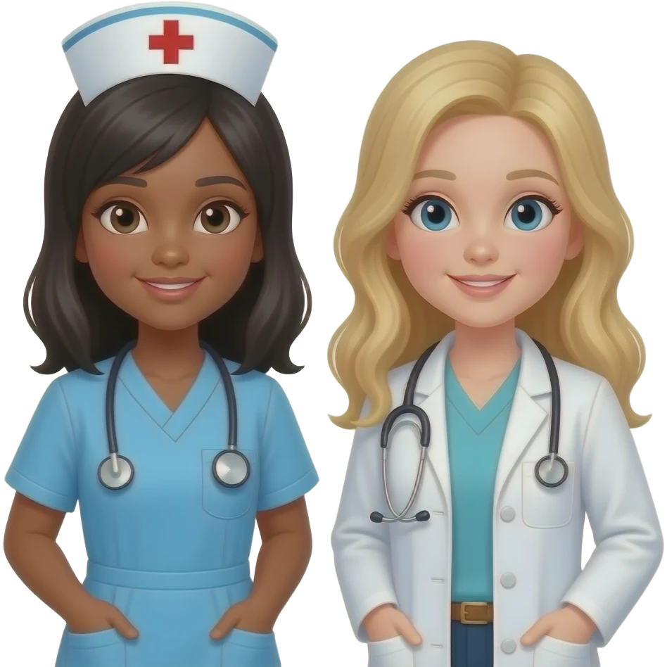 Necesito una imagen de una enfermera de pelo negro junto con una nutricionista rubia pelo largo pero que sean dos chicas emoji