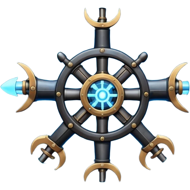 A Discord emoji of a black iron mechanical propeller or anchor with glowing blue energy lines. Steampunk-gothic fusion, high visibility, white background. emoji