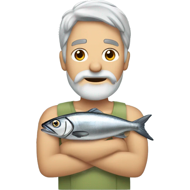 light gray hair man with long hair, light gray beard, open hawaian shirt, holding a sardine fish, and a towel upon his head emoji