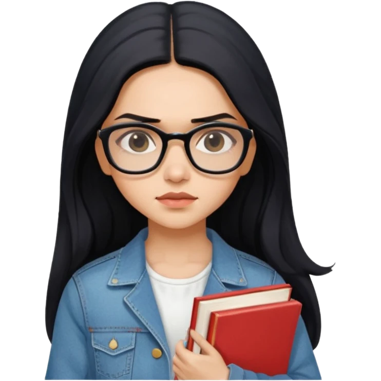 generate a pretty bratz emoji 
Make her wear a white dress with a denim jacket over it.long  black hair in a side part. Holding books

She should look exactly  like Deepika padukone! wearing tiny rectangular spectacle, looking sad emoji