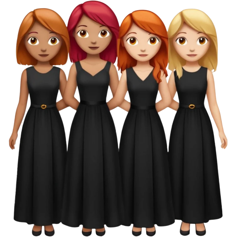 Can you create an image of 3 friends together one with red bright hair light skin one the other with brown hair with some blonde highlights in the hair fair skin the last one with light brown a tint of orange hair and black long hair with brown with dresses dark hair on one emoji