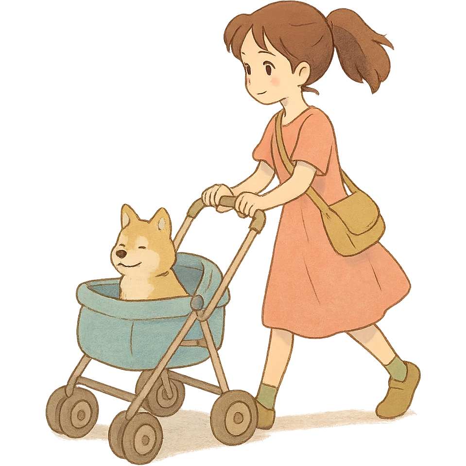 girl walking a dog in a stroller with soft colors emoji