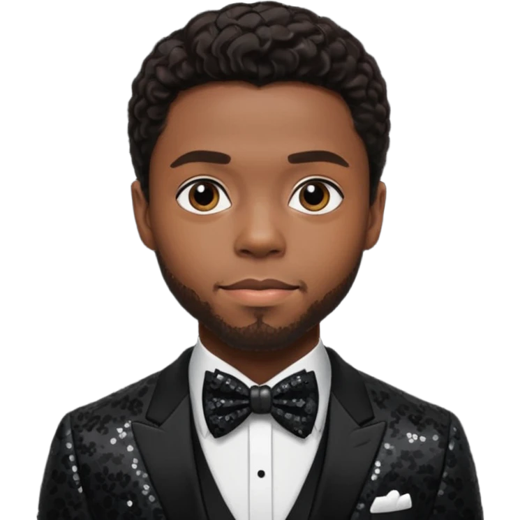  Chadwick Boseman with dark brown hair, black sequin suit with bow tie emoji