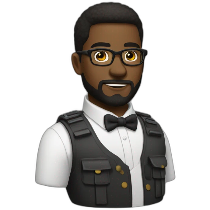 black soldier with a beard, a part in hair, wearing glasses, a white collared shirt, a bow tie, bulletproof vest emoji