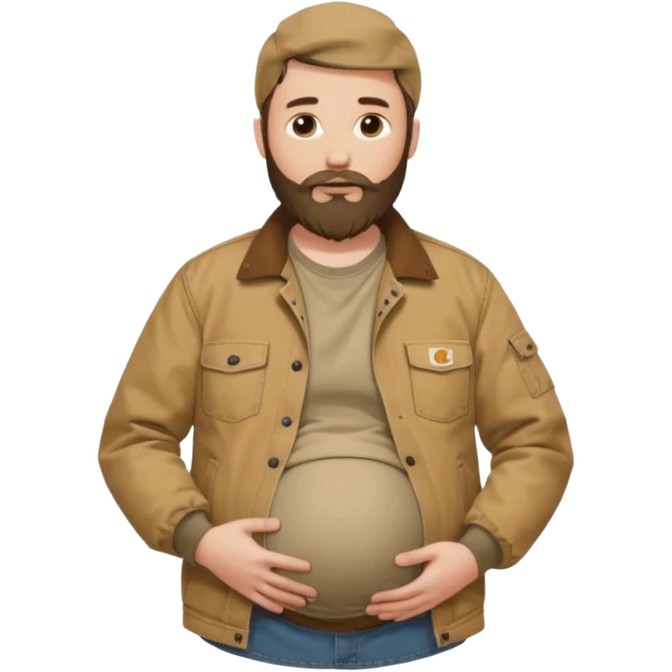 Bearded man rubbing pregnant belly poking out of shirt wearing a tan canvas carhartt jacket emoji