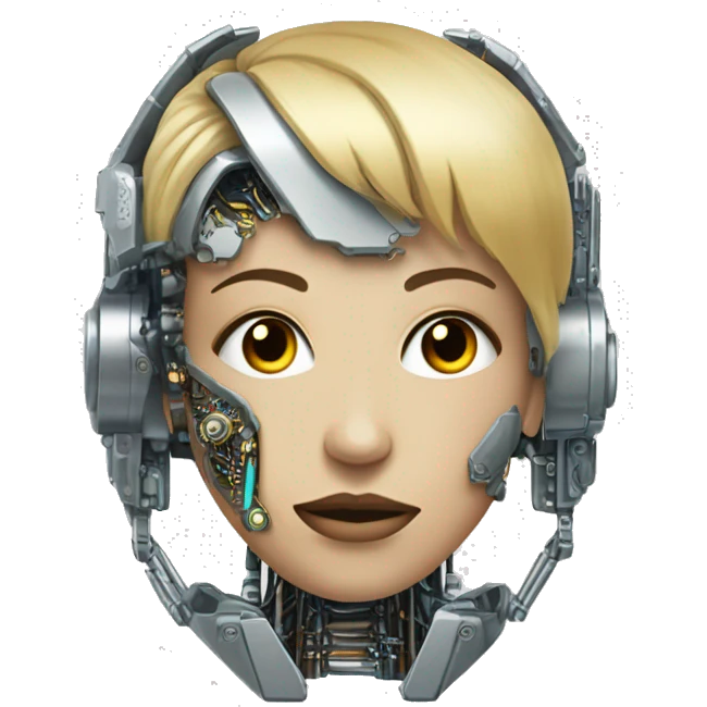 female cyborg head with metallic plated face, blonde bobbed hair and circuitry emoji