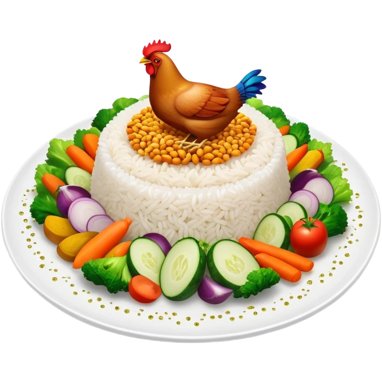 Magical floating plate with ethereal glowing rice, chicken pieces surrounded by sparkles, and enchanted Puerto Rican Boricua mix vegetables emoji