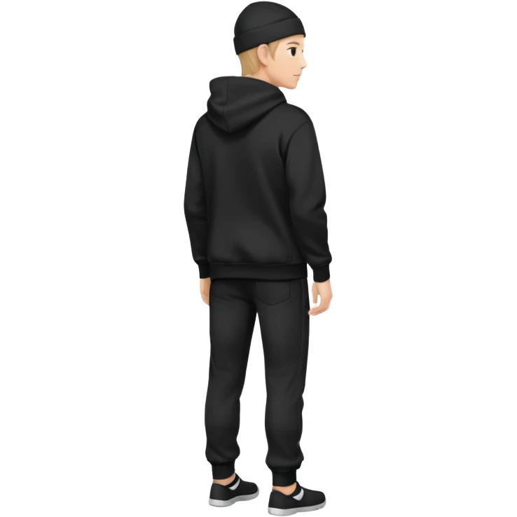 fullbody caucasian man in black hoodie on head, hands in pockets and black pants rear backview emoji