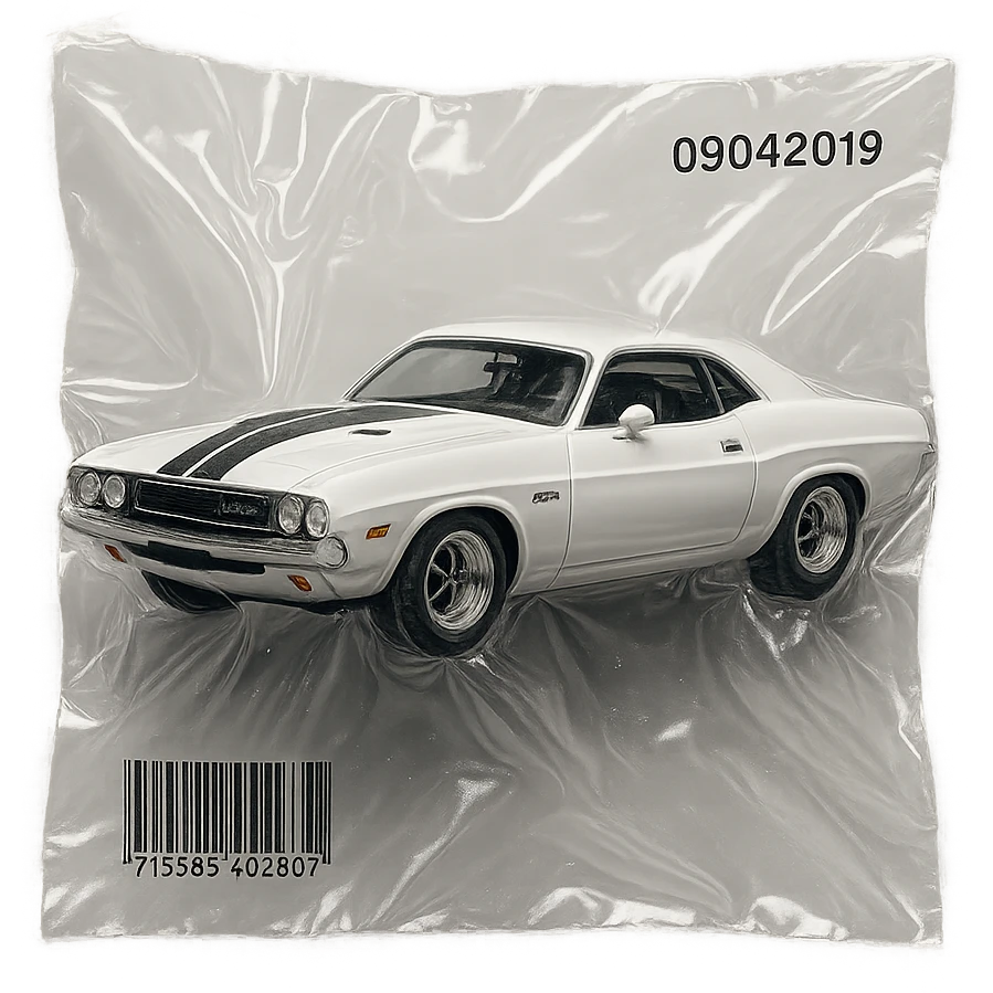 white 1971 Dodge Challenger muscle car, glossy and puffy, inspired by the movie 'Death Proof' emoji