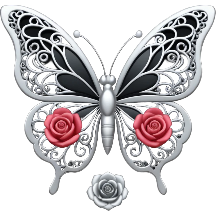 Black and silver filigree rose with a stunning butterfly, 3D, extremely detailed design emoji
