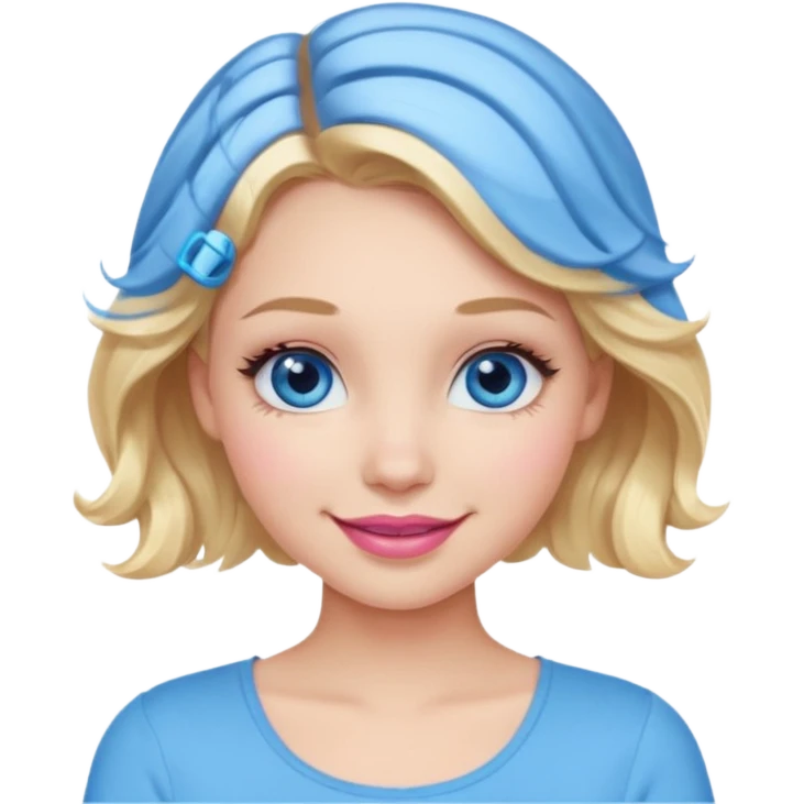 Girl Blonde short wavy hair,  blue eyes, cute blue top, long lashes, pink lips, smiling, 💁🏻‍♀️  emoji