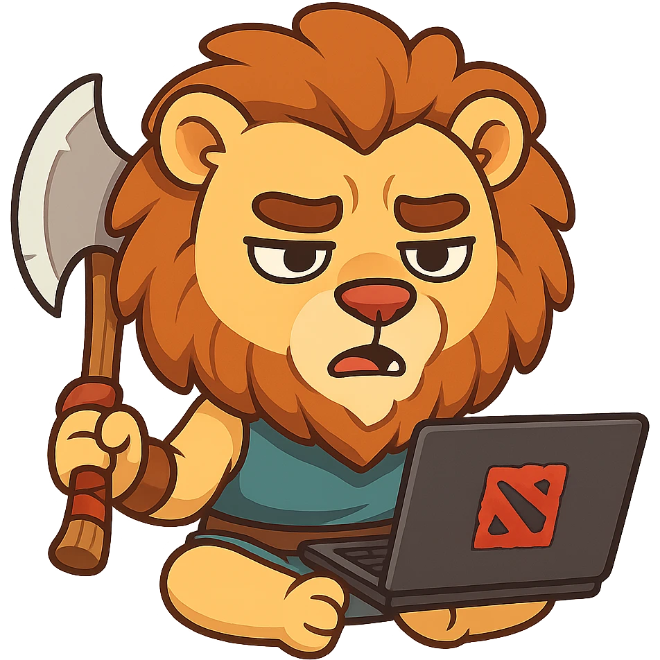 humanoid lion with an axe sitting and playing Dota, Telegram sticker style, bright, expressive, modern, humorous emoji