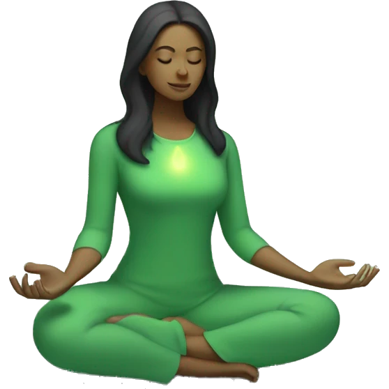 Dark haired woman meditating with green aura emoji