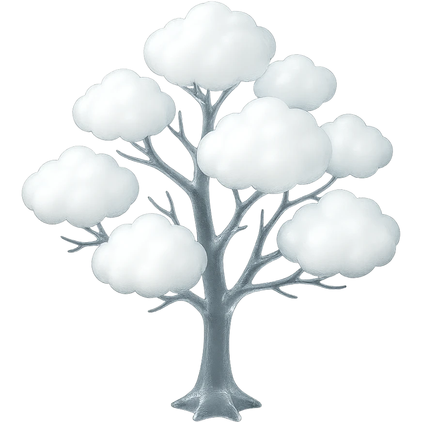 one tree with many branches and a white trunk, crown made of small very bright white fluffy convex clouds, matte glass style emoji