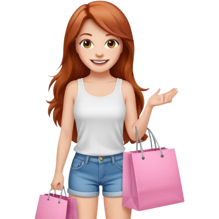 Mujer joven blanca de contextura media sonriendo con cabello largo cobrizo vestida con top blanco y short de jean con bolsas de compras color rosa emoji
