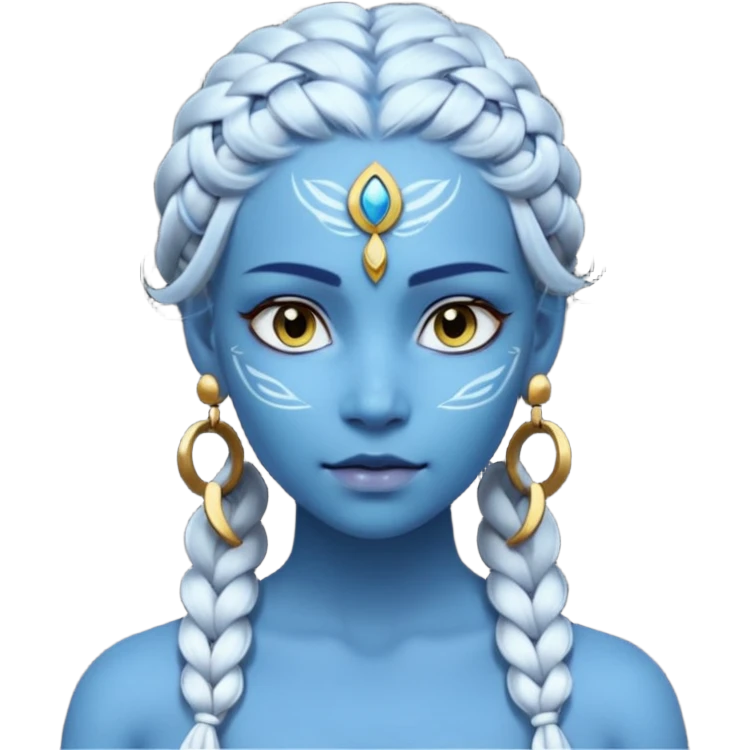 Draw a Na’vi female with glowing blue skin, white forehead markings, braided hair, gold earrings & a calm gaze. emoji