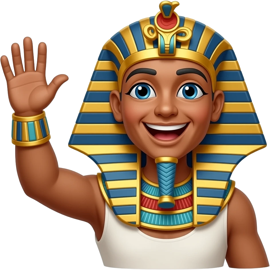 Animated sticker of a funny Ancient Egyptian Pharaoh laughing and energetically waving his hand, emoji