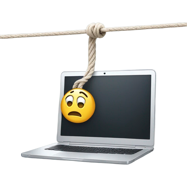 rope hanging from the ceiling holding an open laptop emoji