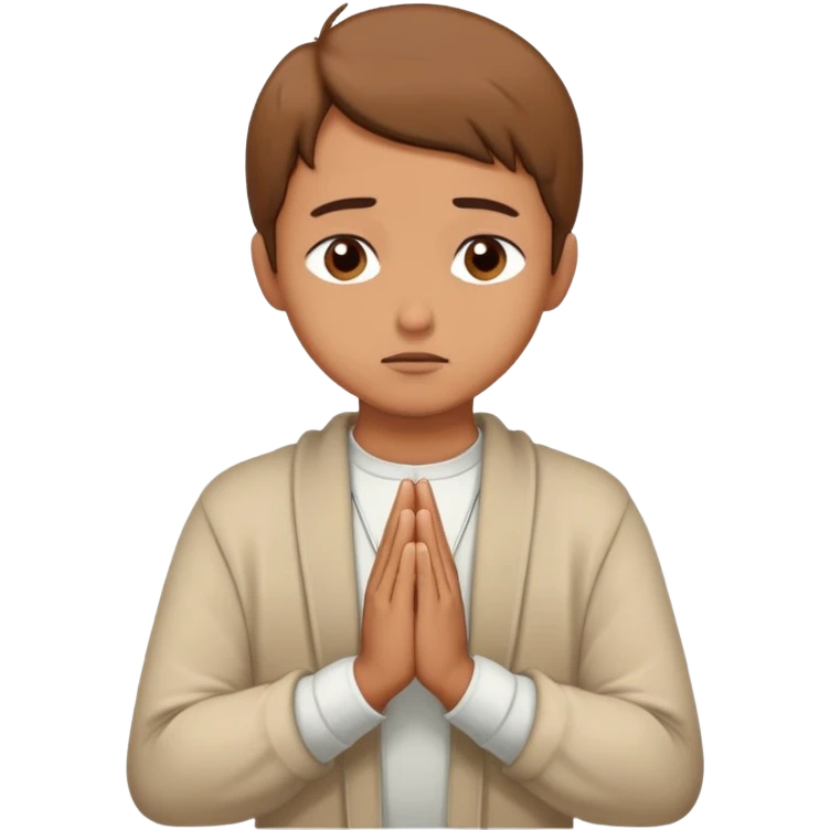 Person apologizing with hands together in prayer position, sorry face emoji