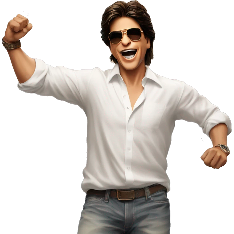 Shah Rukh Khan's iconic pose is often associated with him standing tall with his arms wide open, palms facing up, usually with a charismatic smile. emoji
